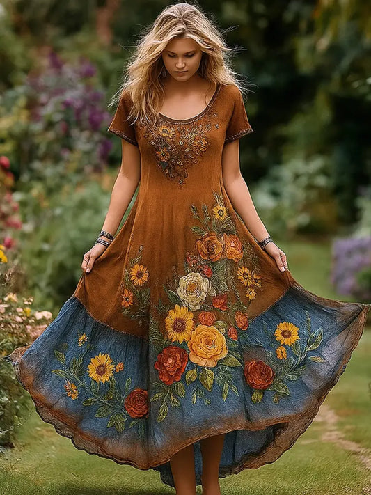 Retro Floral Art Print Vintage Round Neck Short Sleeves Cotton Maxi Dress A / S