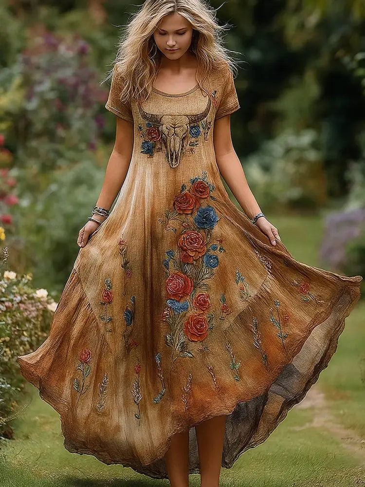 Retro Floral Art Print Vintage Round Neck Short Sleeves Cotton Maxi Dress A / S