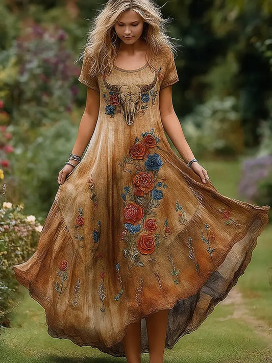Retro Floral Art Print Vintage Round Neck Short Sleeves Cotton Maxi Dress A / S