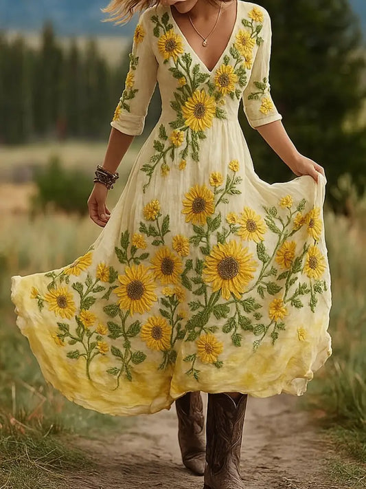 Retro Floral Art Print Vintage V-Neck Long-Sleeved Cotton Maxi Dress A / S