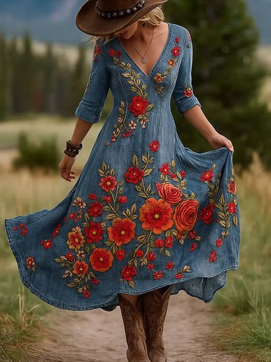 Retro Floral Art Print Vintage V-Neck Long-Sleeved Cotton Maxi Dress A / S