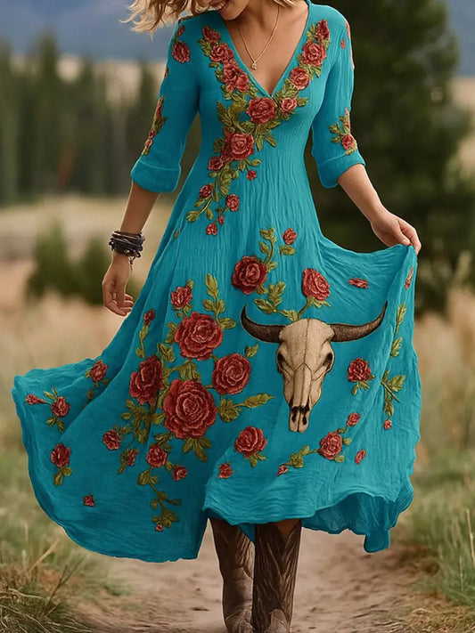 Retro Floral Art Print Vintage V-Neck Long-Sleeved Cotton Maxi Dress A / S