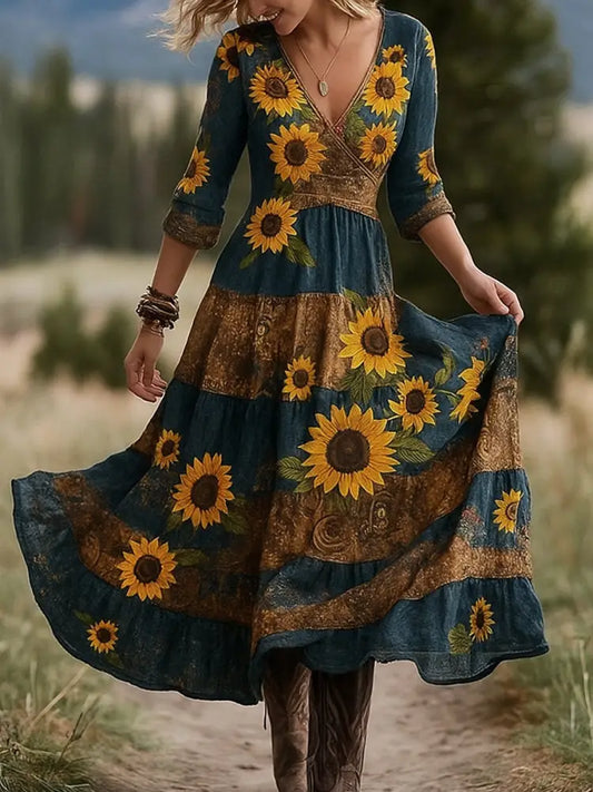 Retro Floral Art Print Vintage V-Neck Long-Sleeved Cotton Maxi Dress A / S