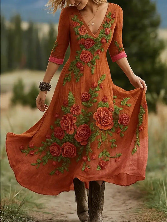 Retro Floral Art Print Vintage V-Neck Long-Sleeved Cotton Maxi Dress A / S