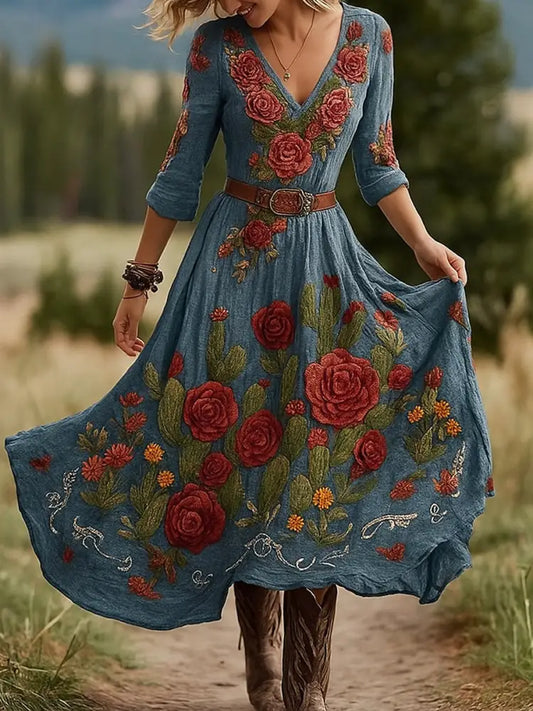 Retro Floral Art Print Vintage V-Neck Long-Sleeved Cotton Maxi Dress A / S