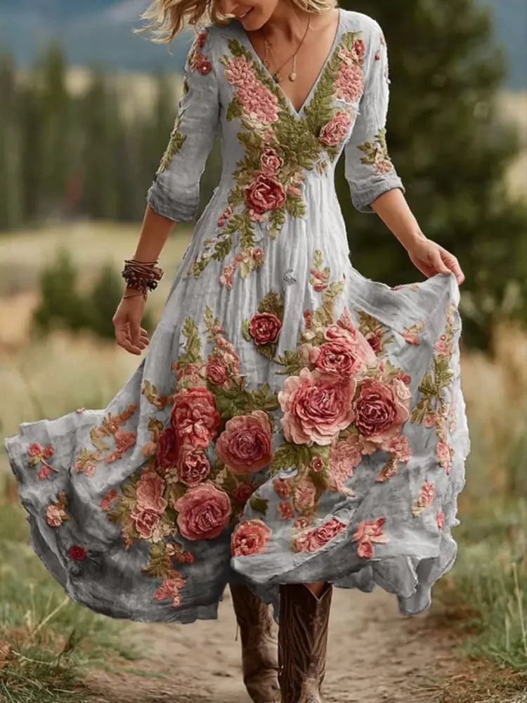 Retro Floral Art Print Vintage V-Neck Long-Sleeved Cotton Maxi Dress Gray / S