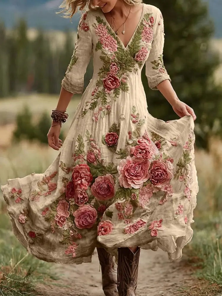 Retro Floral Art Print Vintage V-Neck Long-Sleeved Cotton Maxi Dress Khaki / S