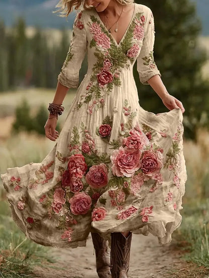 Retro Floral Art Print Vintage V-Neck Long-Sleeved Cotton Maxi Dress Khaki / S