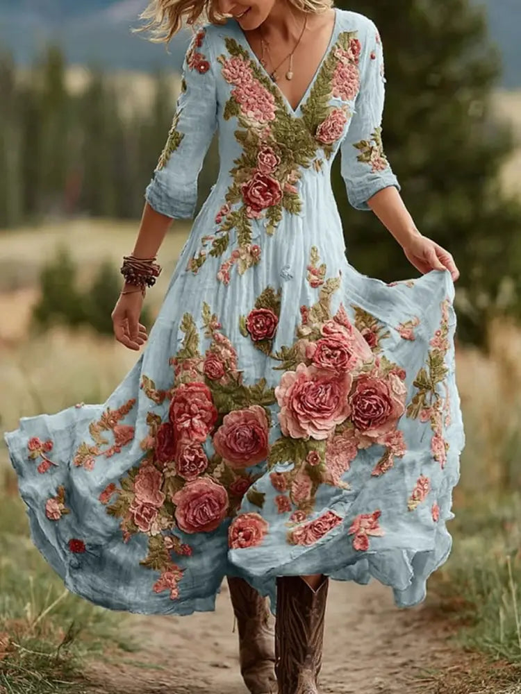 Retro Floral Art Print Vintage V-Neck Long-Sleeved Cotton Maxi Dress Light Blue / S