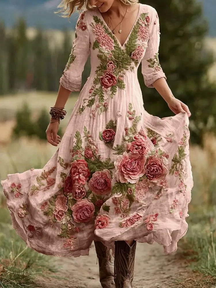 Retro Floral Art Print Vintage V-Neck Long-Sleeved Cotton Maxi Dress Pink / S