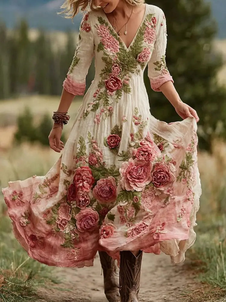 Retro Floral Art Print Vintage V-Neck Long-Sleeved Cotton Maxi Dress White / S