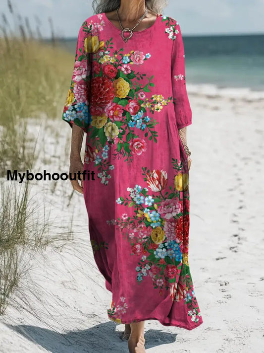 Retro Floral Art Printed Round Neck Vintage Loose Long Sleeves Midi Dress A / S