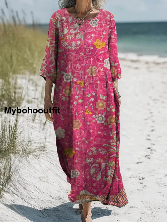 Retro Floral Art Printed Round Neck Vintage Loose Long Sleeves Midi Dress A / S