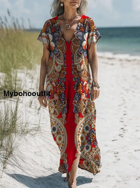 Retro Floral Art Printed V-Neck Vintage Loose Long Sleeves Midi Dress A / S