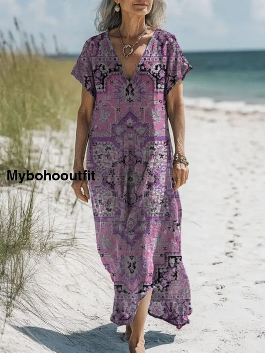 Retro Floral Art Printed V-Neck Vintage Loose Long Sleeves Midi Dress A / S