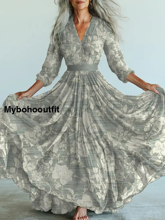 Retro Floral Art Printed Vintage V-Neck Long Sleeves Midi Dress A / S