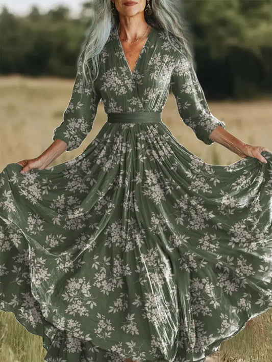 Retro Floral Art Printed Vintage V-Neck Long Sleeves Midi Dress A / S