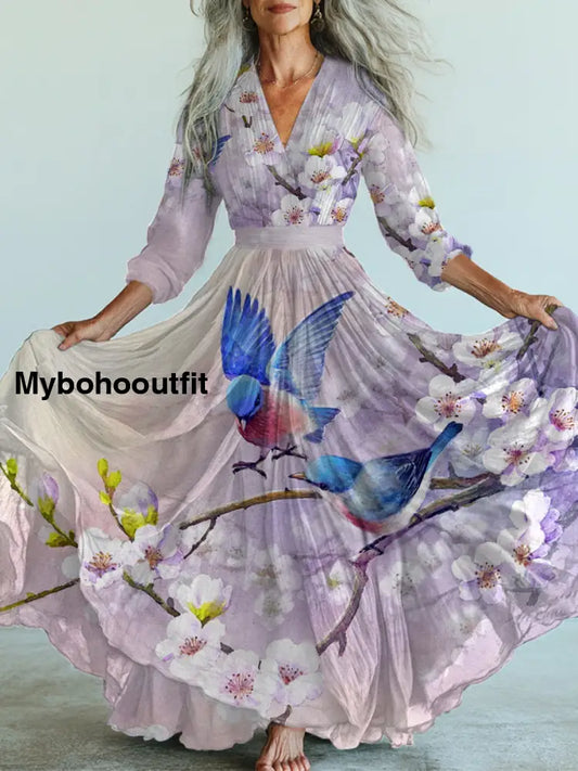 Retro Floral Art Printed Vintage V-Neck Long Sleeves Midi Dress A / S