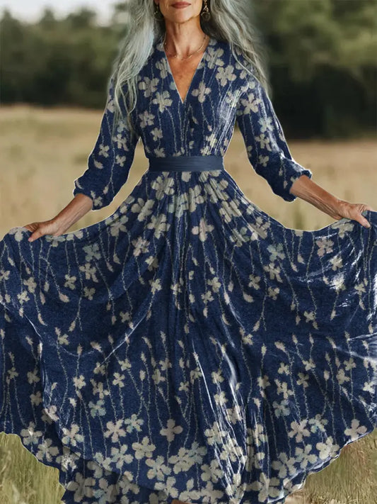 Retro Floral Art Printed Vintage V-Neck Long Sleeves Midi Dress A / S