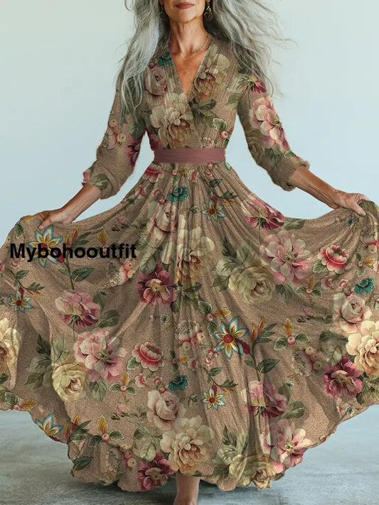 Retro Floral Art Printed Vintage V-Neck Long Sleeves Midi Dress A / S