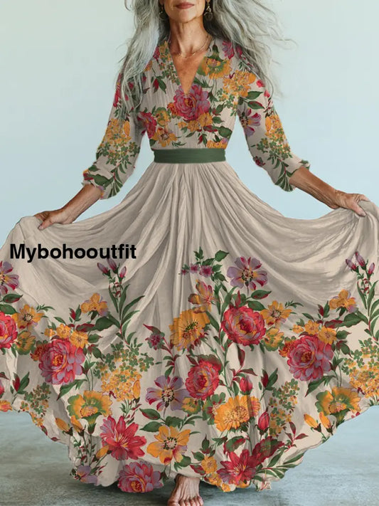 Retro Floral Art Printed Vintage V-Neck Long Sleeves Midi Dress A / S