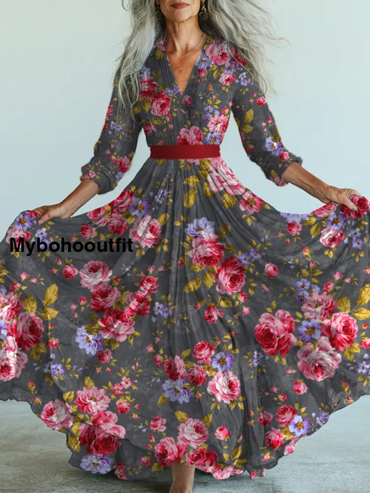 Retro Floral Art Printed Vintage V-Neck Long Sleeves Midi Dress A / S
