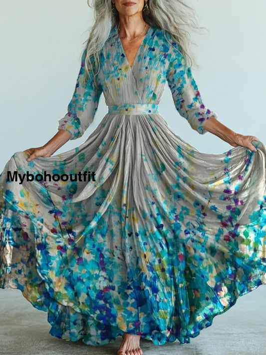Retro Floral Art Printed Vintage V-Neck Long Sleeves Midi Dress A / S