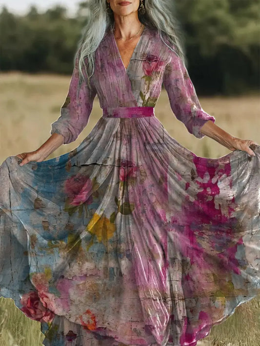Retro Floral Art Printed Vintage V-Neck Long Sleeves Midi Dress A / S