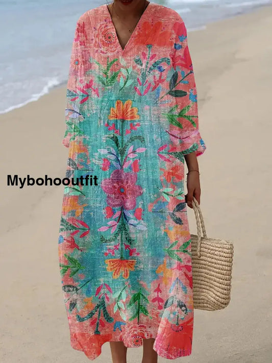 Retro Floral Art Printed Wide Edge V-Neck Vintage Loose Long Sleeves Midi Dress A / S