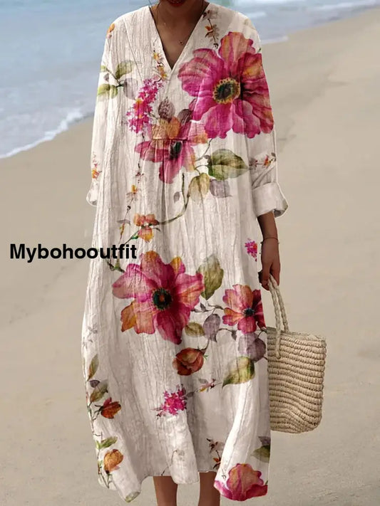 Retro Floral Art Printed Wide Edge V-Neck Vintage Loose Long Sleeves Midi Dress A / S