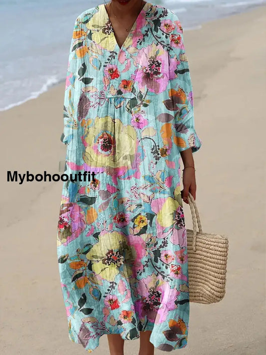 Retro Floral Art Printed Wide Edge V-Neck Vintage Loose Long Sleeves Midi Dress A / S