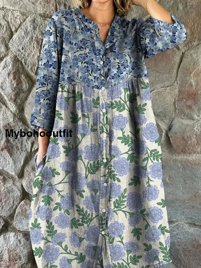 Retro Floral Boho Art Print Vintage Chic V-Neck Button Up Long Sleeve Midi Dress A / S