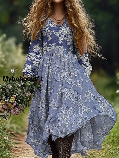 Retro Floral Print V-Neck Elegant Chic Loose Long Sleeve Midi Dress A / S