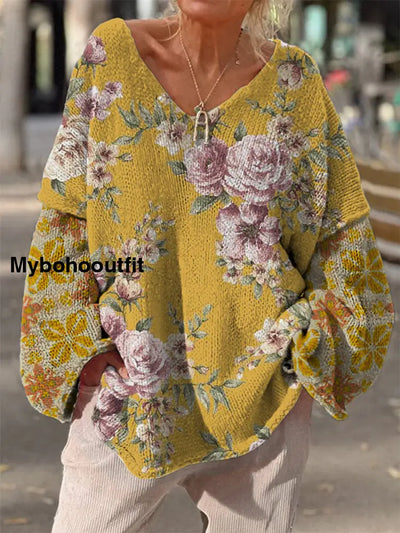 Retro Floral Print Vintage Loose Chic V-Neck Long Sleeve Thick Knit Sweater A / S