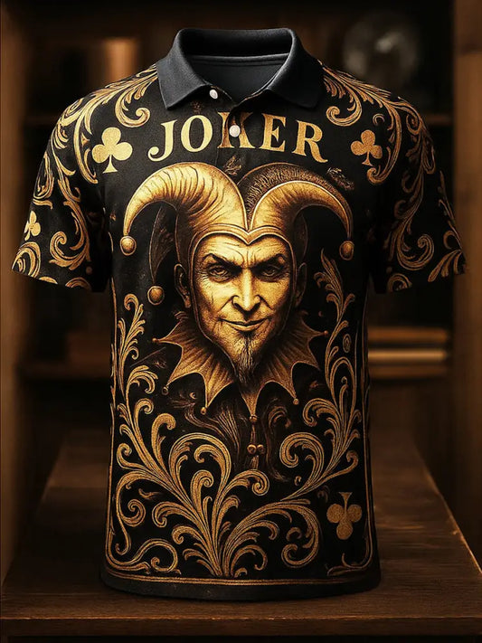 Retro Golden Texas Hold’em poker Printed Athletic Retro Style V-Neck Short Sleeves Polo-Shirt A / S