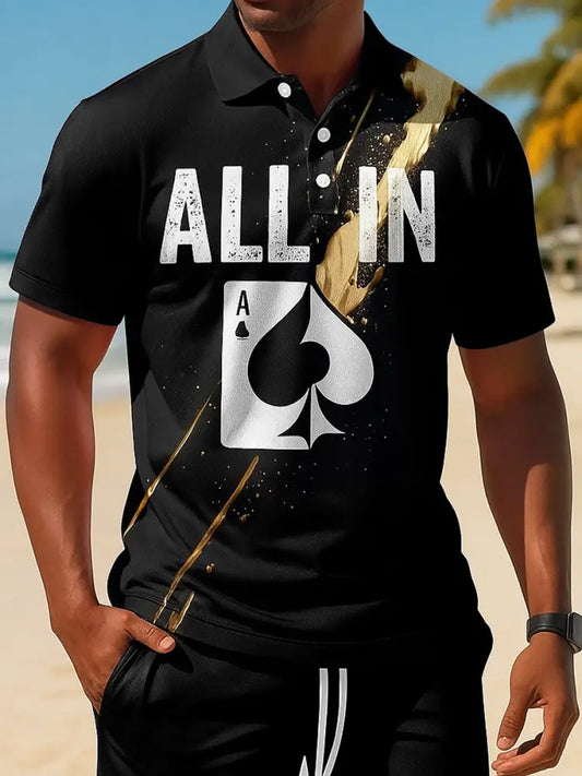 Retro Golden Texas Hold’em poker Printed Athletic Retro Style V-Neck Short Sleeves Polo-Shirt A / S