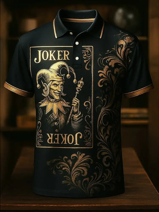 Retro Golden Texas Hold’em poker Printed Athletic Retro Style V-Neck Short Sleeves Polo-Shirt A / S