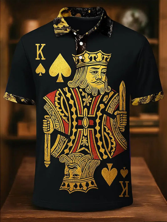 Retro Golden Texas Hold’em poker Printed Athletic Retro Style V-Neck Short Sleeves Polo-Shirt A / S