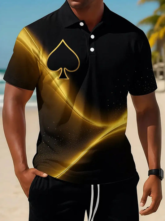 Retro Golden Texas Hold’em poker Printed Athletic Retro Style V-Neck Short Sleeves Polo-Shirt A / S