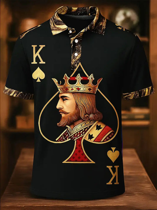 Retro Golden Texas Hold’em poker Printed Athletic Retro Style V-Neck Short Sleeves Polo-Shirt A / S