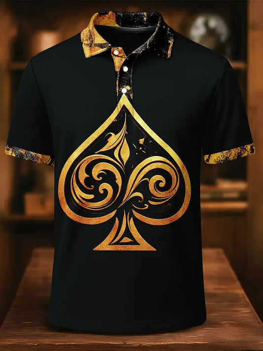 Retro Golden Texas Hold’em poker Printed Athletic Retro Style V-Neck Short Sleeves Polo-Shirt A / S