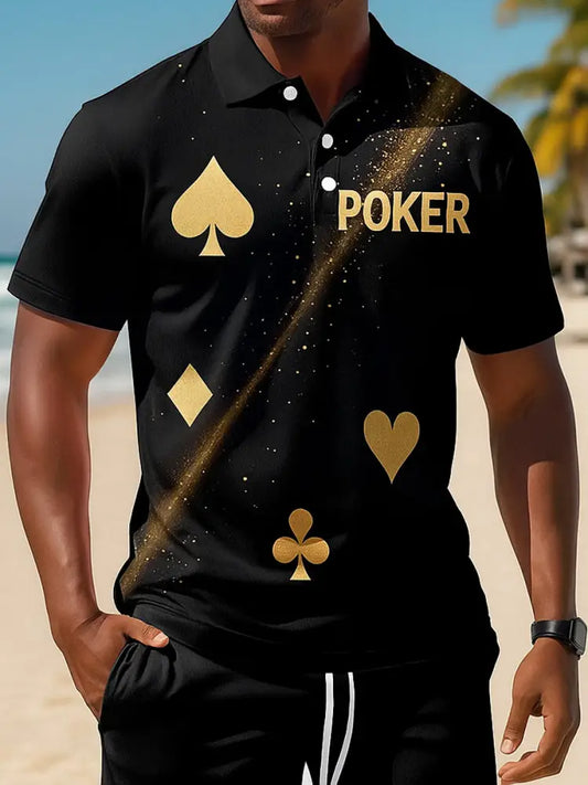 Retro Golden Texas Hold’em poker Printed Athletic Retro Style V-Neck Short Sleeves Polo-Shirt A / S