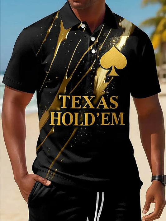 Retro Golden Texas Hold’em poker Printed Athletic Retro Style V-Neck Short Sleeves Polo-Shirt A / S
