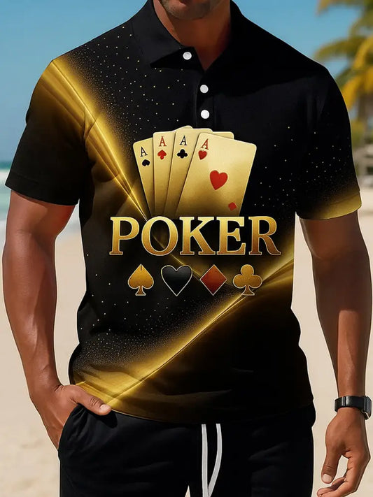 Retro Golden Texas Hold’em poker Printed Athletic Retro Style V-Neck Short Sleeves Polo-Shirt A / S