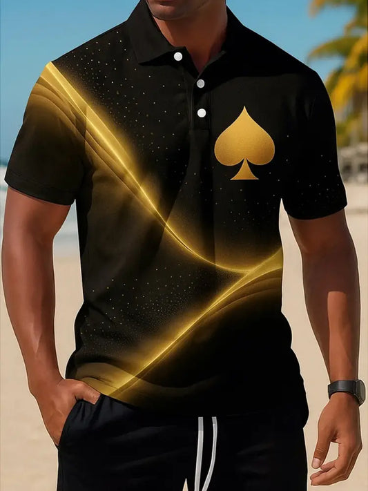 Retro Golden Texas Hold’em poker Printed Athletic Retro Style V-Neck Short Sleeves Polo-Shirt A / S