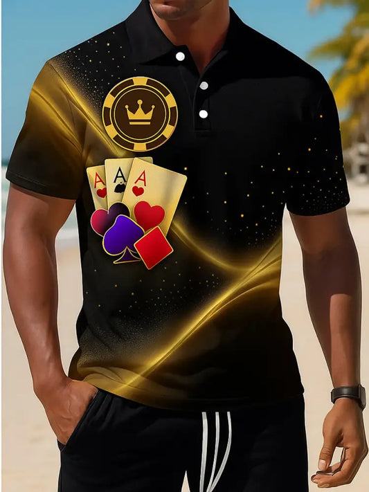 Retro Golden Texas Hold’em poker Printed Athletic Retro Style V-Neck Short Sleeves Polo-Shirt A / S