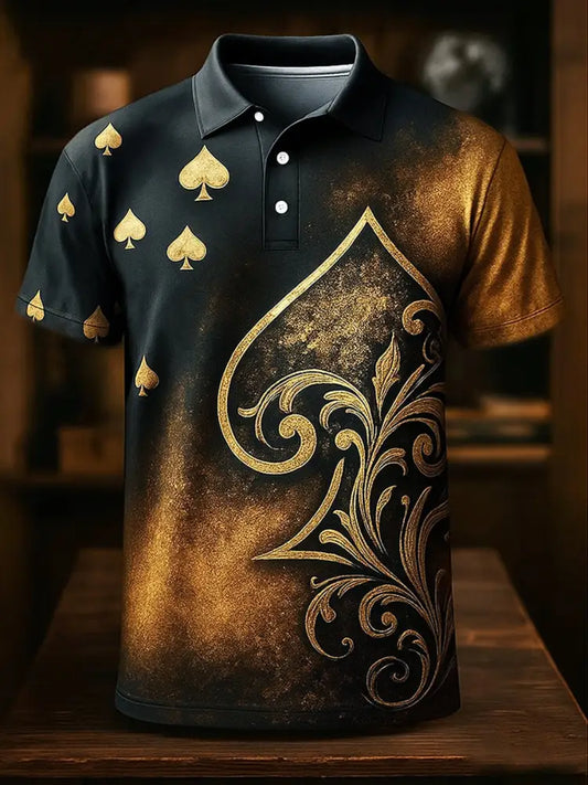 Retro Golden Texas Hold’em poker Printed Athletic Retro Style V-Neck Short Sleeves Polo-Shirt A / S