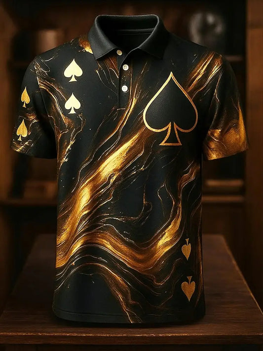 Retro Golden Texas Hold’em poker Printed Athletic Retro Style V-Neck Short Sleeves Polo-Shirt A / S
