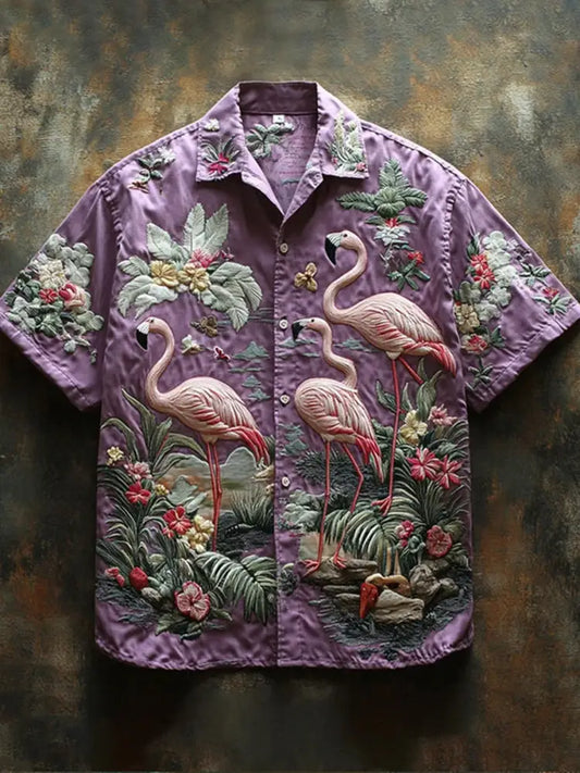 Retro Hawaii Tropical Floral Pattern Printed Vintage V-Neck Button Short Sleeves Shirt