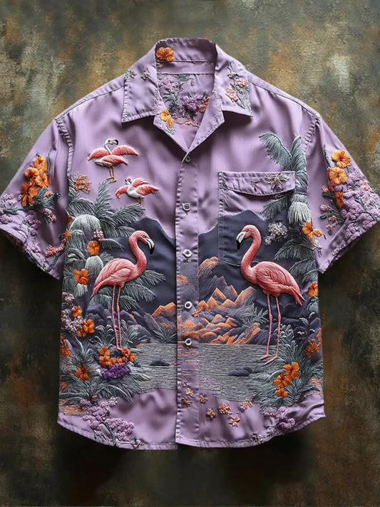 Retro Hawaii Tropical Floral Pattern Printed Vintage V-Neck Button Short Sleeves Shirt
